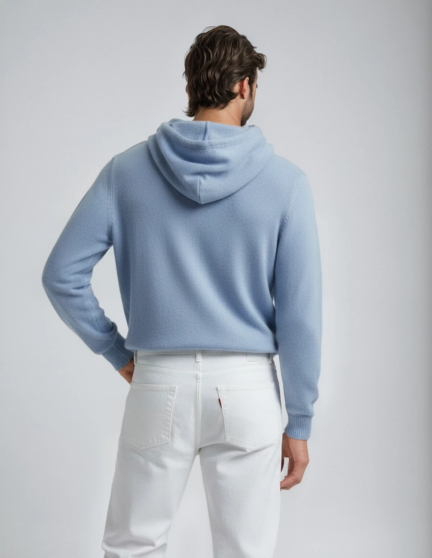 Cozy knitted lambswool hoodie for men in baby blue. Casual winter sweater, fabric made in Portugal.