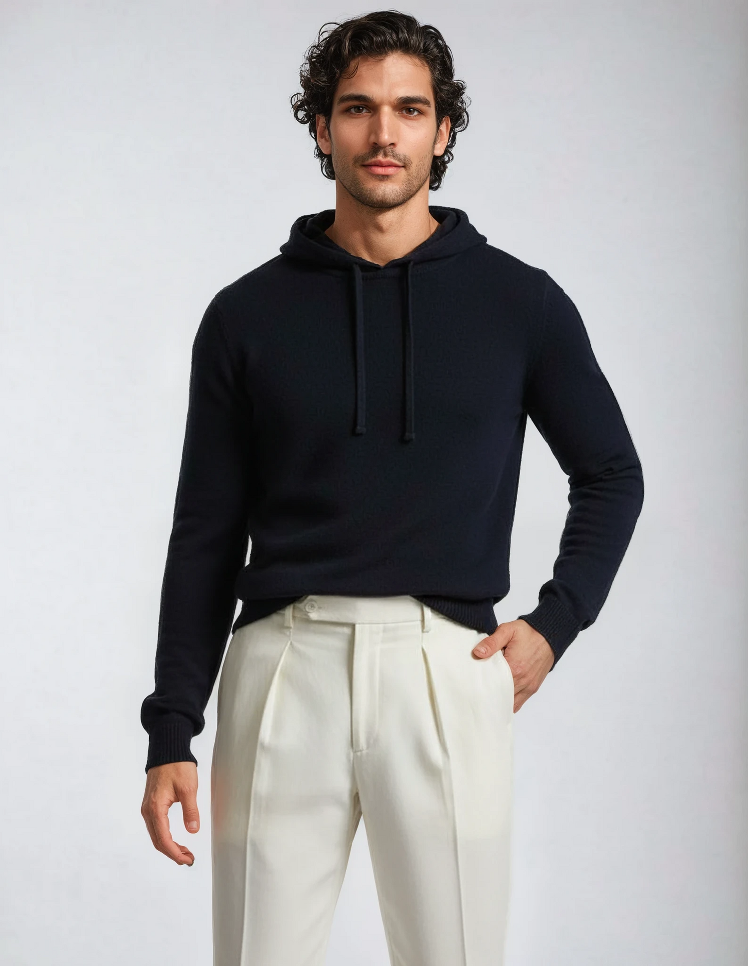 Men's wool hoodie in navy blue. Soft lambswool blend sweater, ideal for cold weather