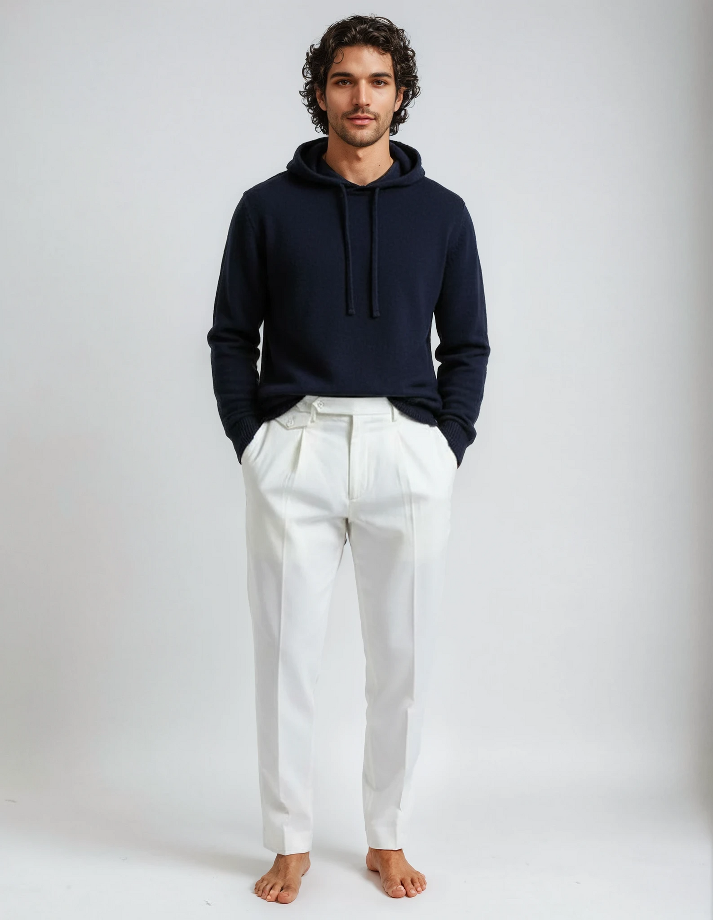 Men's classic wool hoodie in navy blue. Soft lambswool blend sweater, perfect for cold weather
