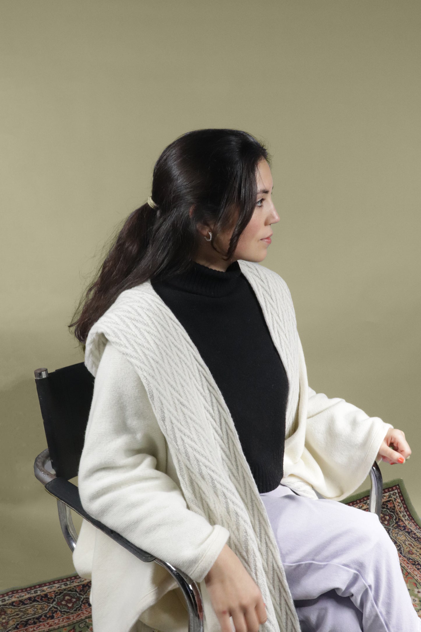 Women's pearl lambswool cape with herringbone pattern. Elegant, soft wool cape, perfect for winter layering