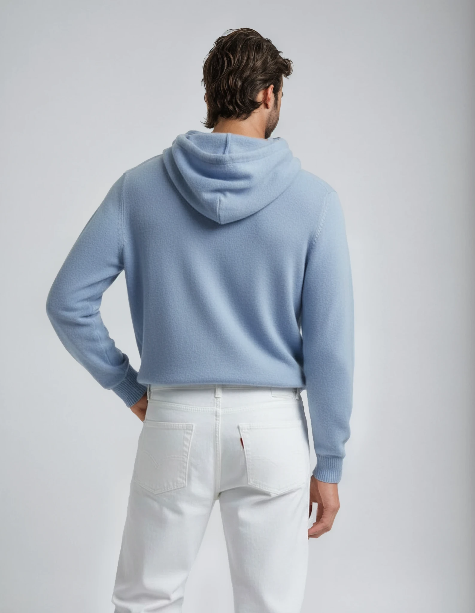 Cozy knitted lambswool hoodie for men in baby blue. Casual winter sweater, fabric made in Portugal.