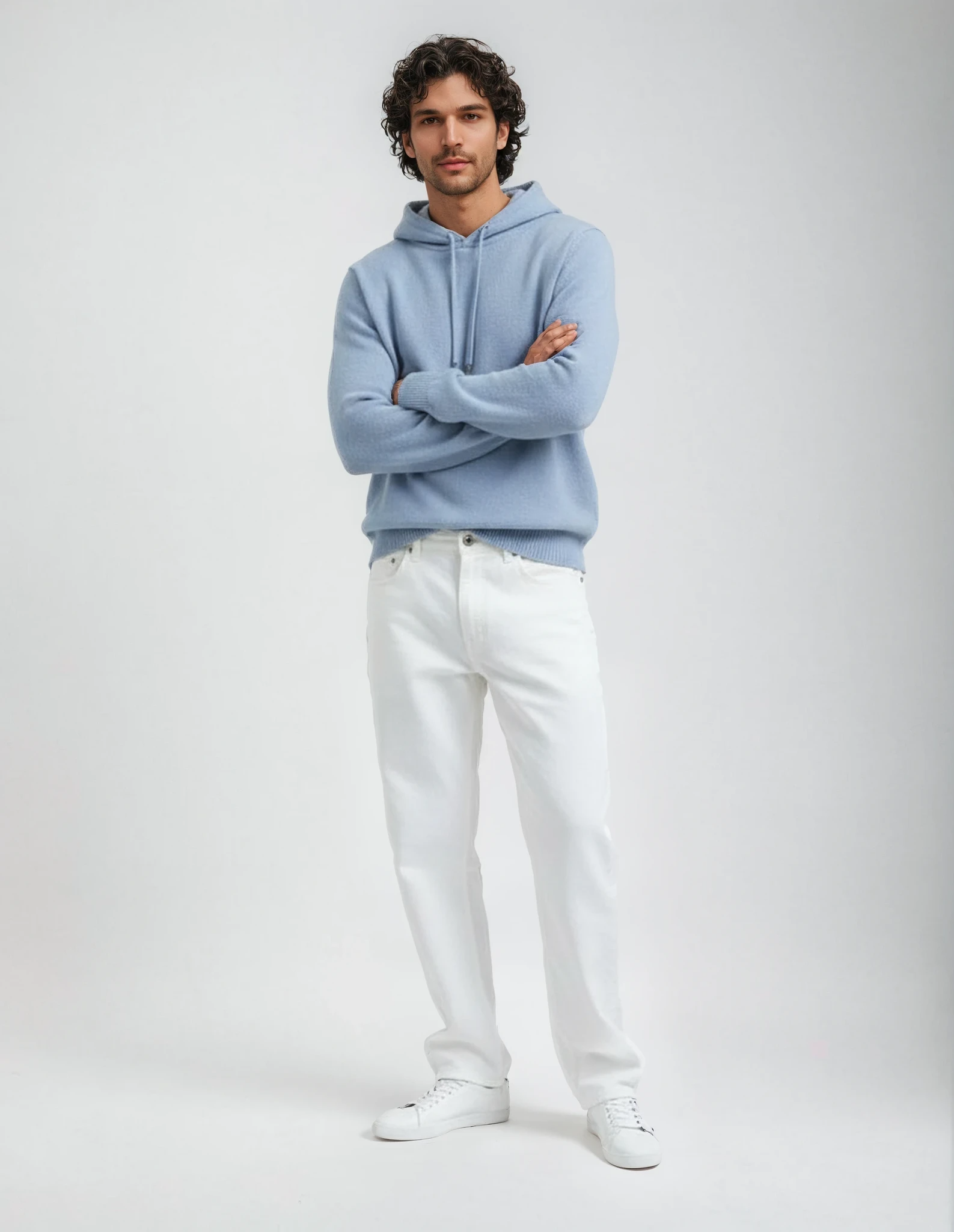 Cozy knitted lambswool hoodie for men in baby blue. Casual winter sweater, fabric made in Portugal