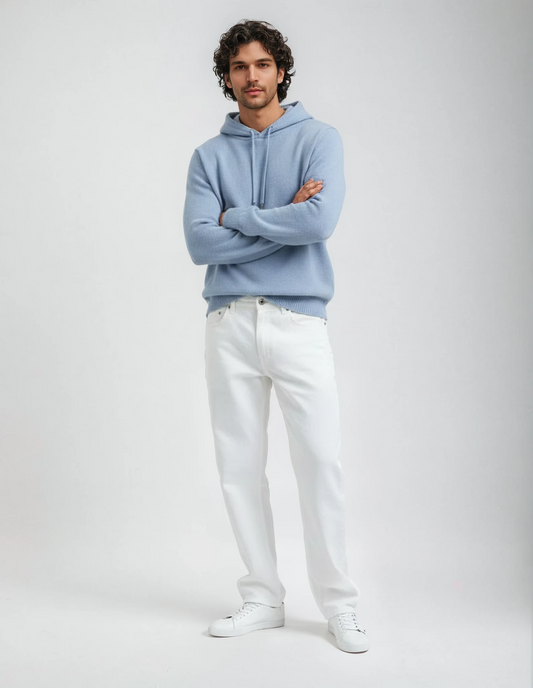 Cozy knitted lambswool hoodie for men in baby blue. Casual winter sweater, fabric made in Portugal