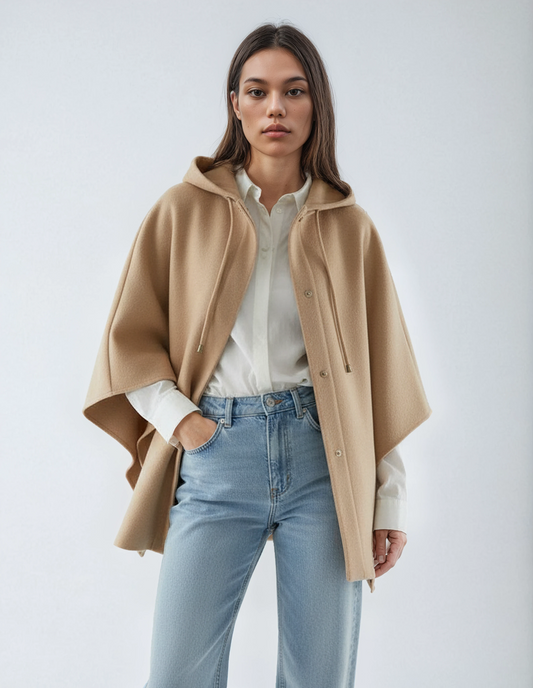 Elegant wool hooded poncho in camel for winter layering. Luxury one-size knit