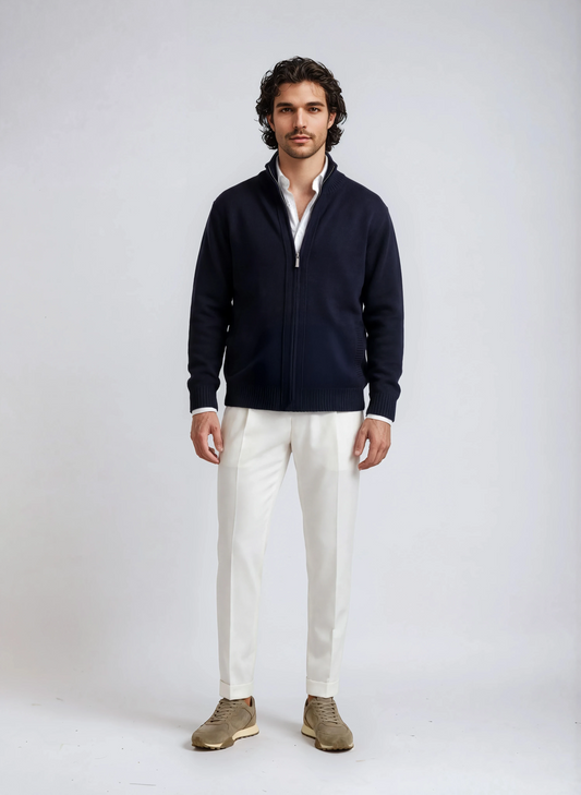 Men's wool full-zip cardigan jacket in navy blue. Soft lambswool knit with front pockets