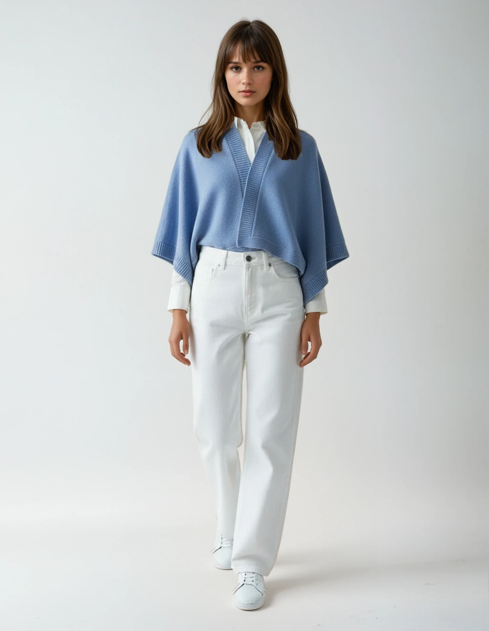 Woman wearing a lavender blue cape over a white shirt and white pants, standing against a neutral background.