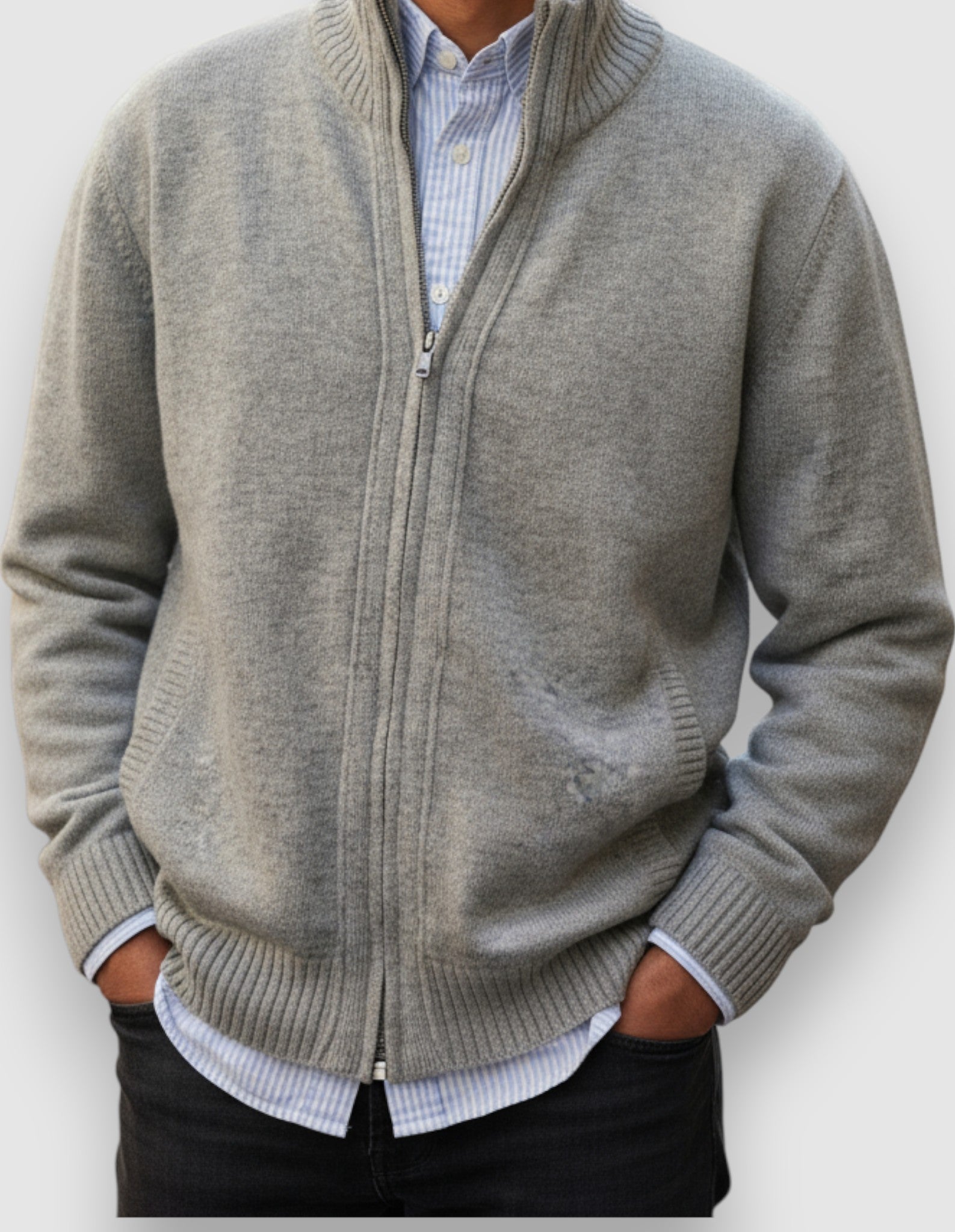 Men's soft wool cardigan in light grey. Full-zip lambswool jacket, portuguese knitwear