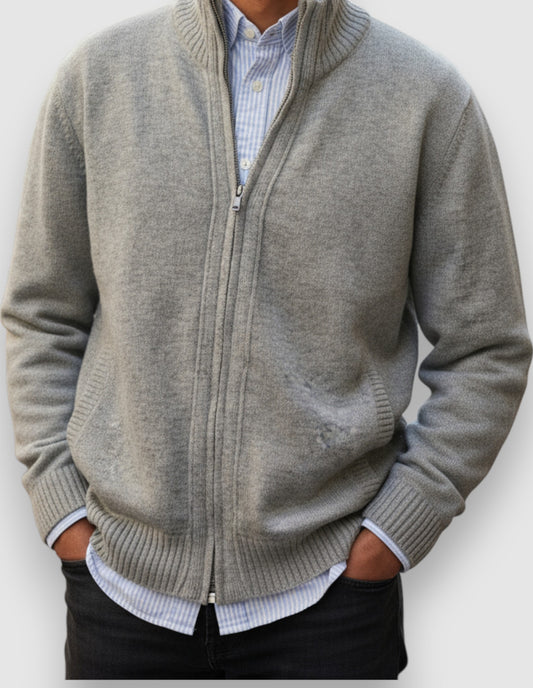 Men's soft wool cardigan in light grey. Full-zip lambswool jacket, portuguese knitwear