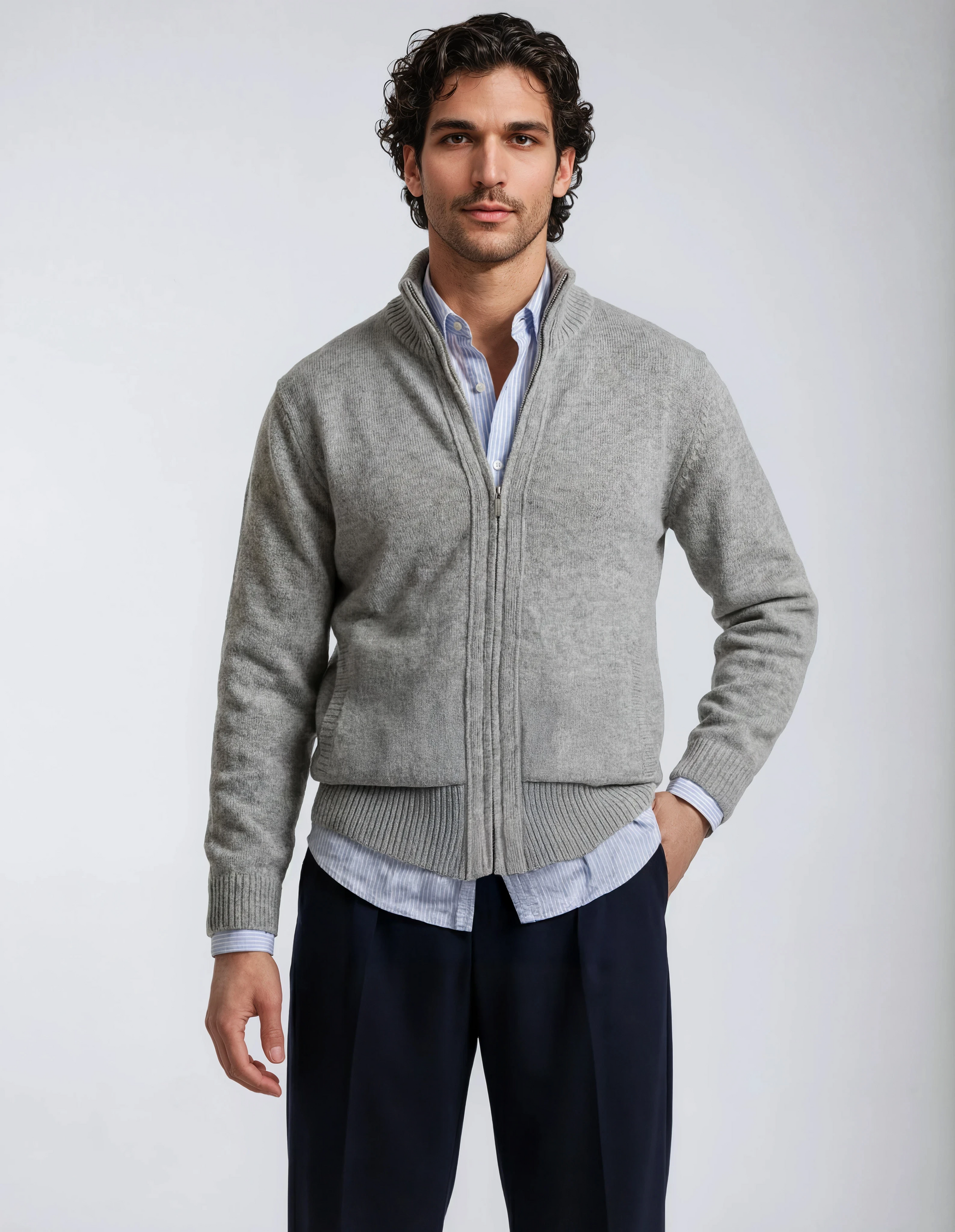 Men's soft wool cardigan in light grey. Full-zip lambswool jacket, portuguese knitwear