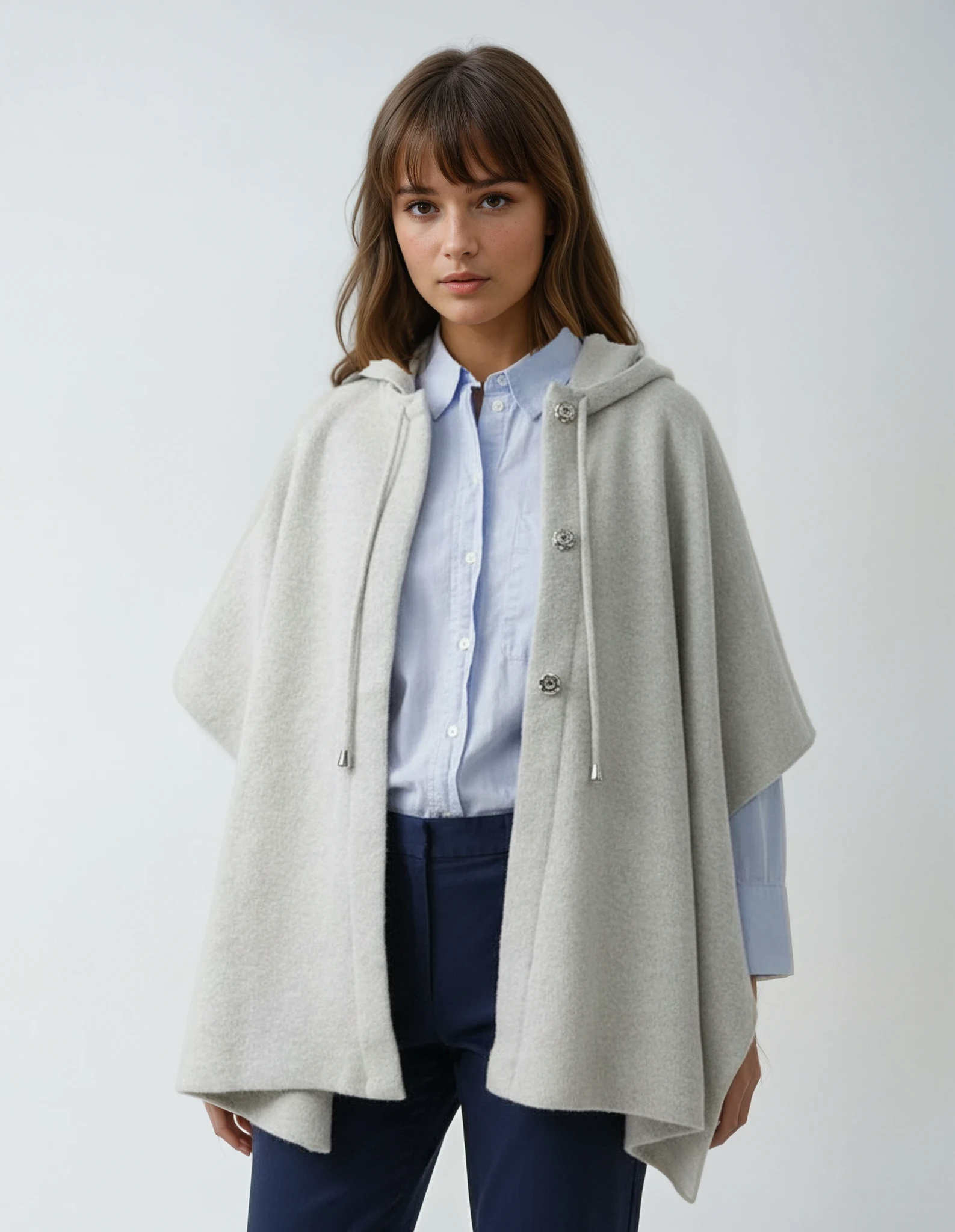 Light gray lambswool hooded poncho. Portuguese knitwear with front closure.
