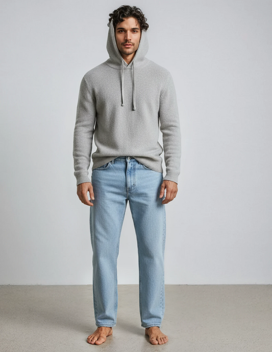 Warm wool hoodie in light grey. Men's lambswool sweater with hood for casual style