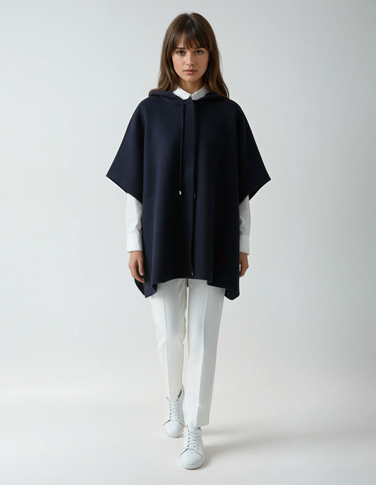 Warm one-size knit poncho in navy blue with a hood and drawstring detail