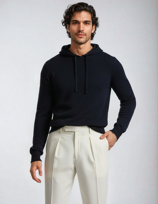 Men's wool hoodie in navy blue. Soft lambswool blend sweater, ideal for cold weather
