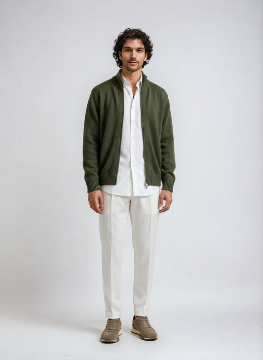 Men's wool full-zip cardigan jacket in olive green. Soft lambswool knit with front pockets