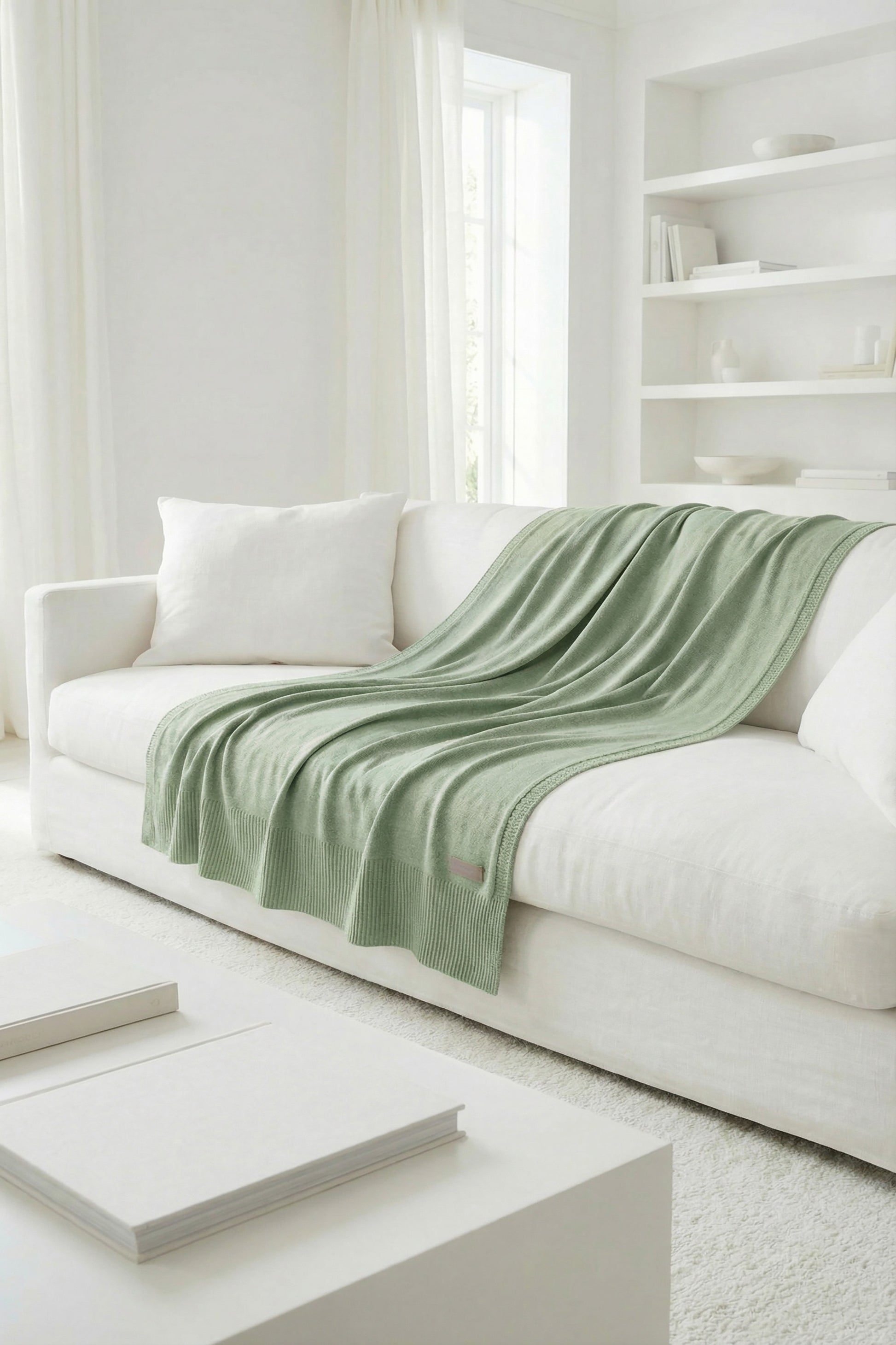 Sage green cotton knit blanket on a white sofa in a bright, modern living room.