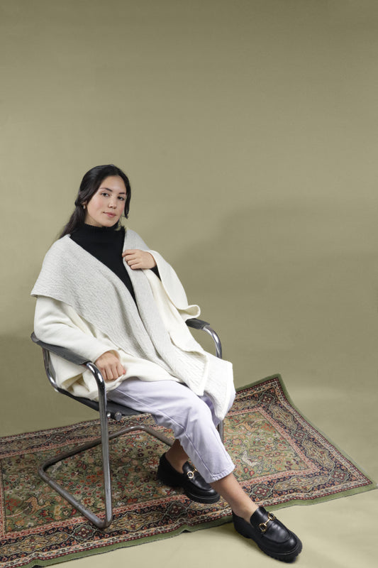 Women's pearl lambswool cape with herringbone pattern. Elegant, soft wool cape, perfect for winter layering